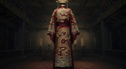 Stunning traditional Asian robe with intricate dragon embroidery, perfect for historical dramas, costume design, or cultural celebrations, a symbol of elegance and power