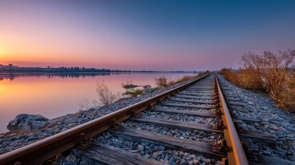 Fototapeta premium A railway track stretches into the distance, bordered by a calm body of water under a vibrant sunset sky. 