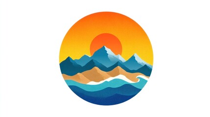 Obraz premium A vibrant illustration of a sun setting over a mountain range with waves crashing against the shore,