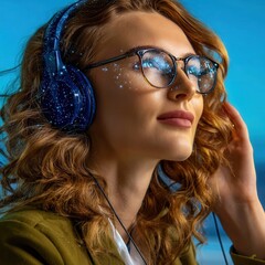 Focused student with wireless headphones observing a colorful holographic learning interface projected from a tablet against a soft blue studio background.