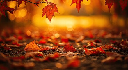Experience the vibrant beauty of autumn with golden light filtering through stunning maple leaves creating a warm, inviting atmosphere perfect for seasonal designs and cozy fall campaigns