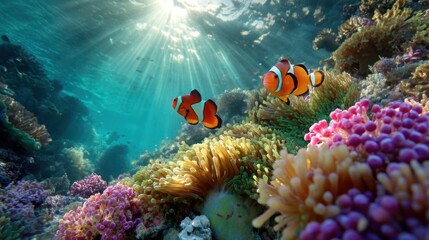 Obraz premium A vibrant underwater scene with colorful coral, fish, and anemones, illuminated by sunlight filtering through the water's surface.