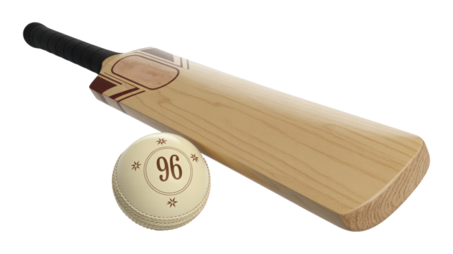 Wooden cricket bat and ball with number 96 detail for sports merchandise design