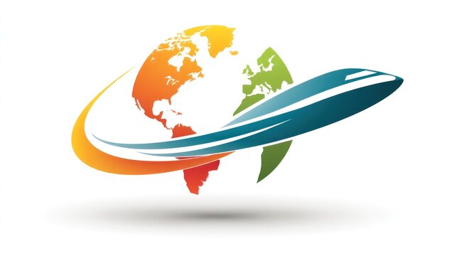 A colorful globe with a jet plane flying around it, set against a white background with a gradient of orange, green, and blue, creating a dynamic and futuristic design.