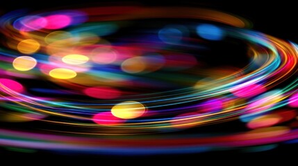 A vibrant, colorful abstract light painting with a circular pattern of glowing, multicolored circles and streaks on a black background.