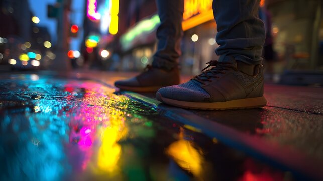 Person standing on wet pavement reflecting vibrant neon lights after rainfall in an urban environment - Powered by Adobe
