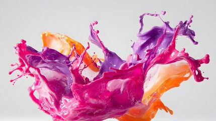 Vivid magenta, purple, and orange liquid masses collide in a dynamic explosion