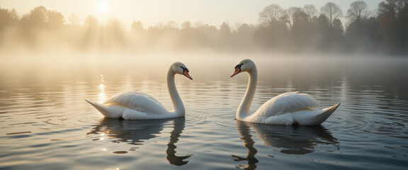 Swans interacting at dawn on a misty lake nature photography serene landscape tranquil environment