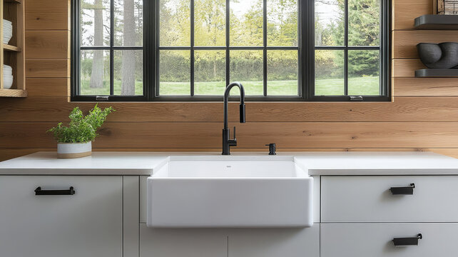 Modern rustic kitchen with pine wood wall, farmhouse sink, black faucet, and large window - Powered by Adobe