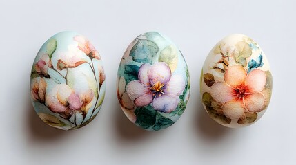 Three ornately decorated ovoid objects feature watercolor floral designs against a plain background