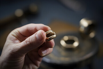 Detail shot of jewelry maker hand-polishing finished metal pieces, warm metallic sheens, bright focused lighting, refined artisan craft