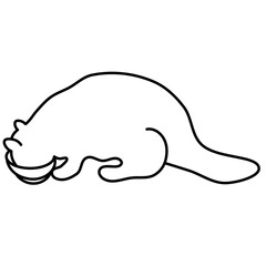 Minimalist line art illustration of cat eating from food bowl. Idea for logo, tattoo, coloring book, print design.