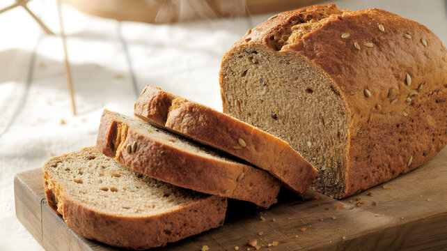 Freshly baked whole grain bread sliced, warm golden lighting, rustic health appeal, professional food photography, appetizing texture, high brightness, artisanal quality