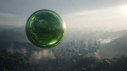 Luminous green orb hovers above misty modern cityscape nestled in rolling hills