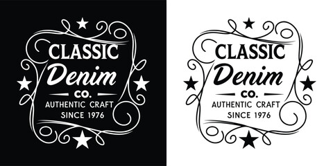Classic denim co authentic craft since 1976 logo, vintage badge, distressed style, black and white