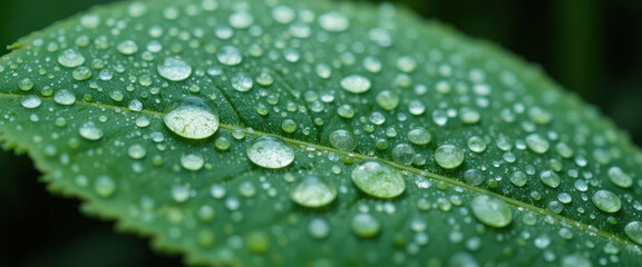 Raindrops on green leaf nature close-up outdoor serene environment macro view water reflection concept