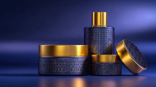 Luxurious beauty product set on a blue gradient, jars and bottles with gold caps & intricate patterns