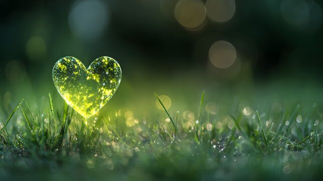 Glowing heart shape rests amidst dewdrops on green grass blades in nature