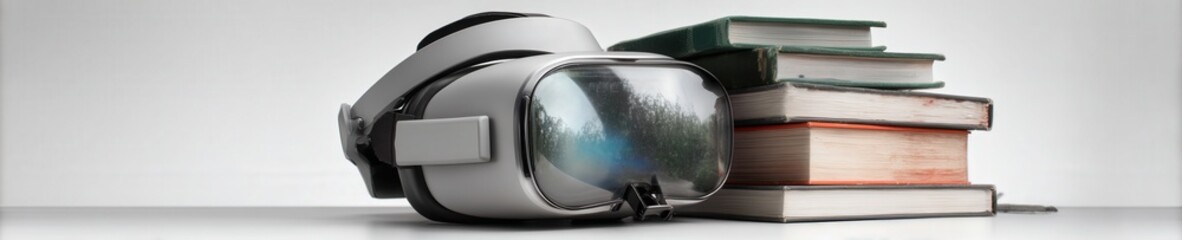 Modern studio shot of a sleek VR headset resting on worn textbooks, highlighting the contrast between classic learning and emerging digital education.