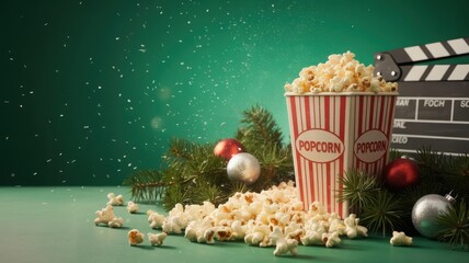 Christmas movie night with popcorn, festive decorations, and clapboard.
