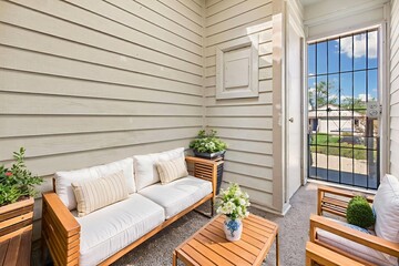 A cozy patio featuring a comfortable couch, chairs, and a table