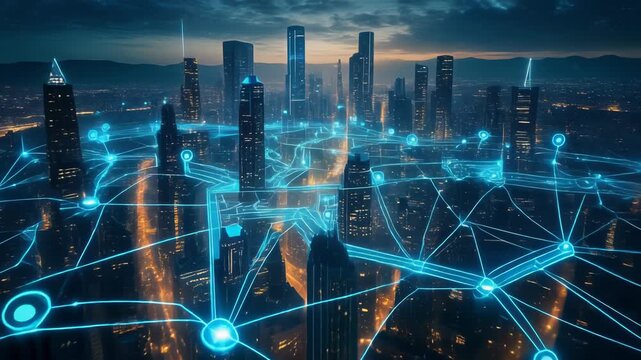 Modern city network digital connections across urban landscape - Powered by Adobe
