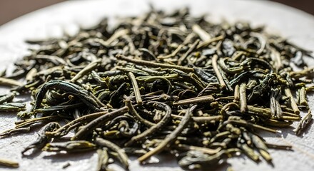 Macro close up of green tea leaves herbal beverage preparation wellness and health drink ingredient