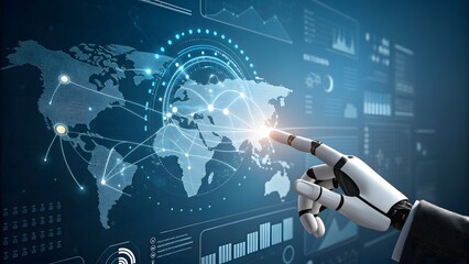 A robotic hand touches a digital world map, illustrating the convergence of artificial intelligence and global connectivity in modern technology