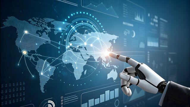 A robotic hand touches a digital world map, illustrating the convergence of artificial intelligence and global connectivity in modern technology