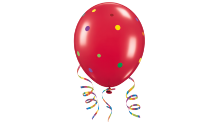 Festive red balloon with colorful confetti dots and ribbons for birthday celebrations