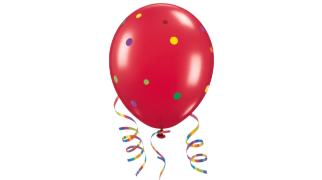 Festive red balloon with colorful confetti dots and ribbons for birthday celebrations