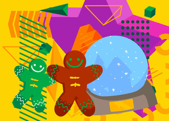 Snow Globe and Gingerbread Man Christmas Cookie geometrical graphic retro theme background. Minimal geometric elements. Vintage abstract shapes vector illustration.