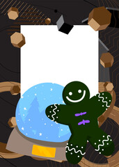 Snow Globe and Gingerbread Man Christmas Cookie geometrical graphic retro theme background. Minimal geometric elements. Vintage abstract shapes vector illustration.