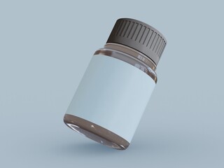 Blank label medicine bottle with gray cap floating on a light blue background. Clean and modern mockup for pharmaceutical, supplement, and healthcare packaging design.
