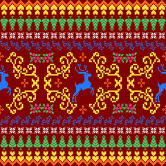 Colorful christmas and winter knitting pattern Nordic sweater style. Ugly Christmas sweater seamless pattern with christmas trees, deer, snowflakes, heart and geometric motifs. Stock illustration