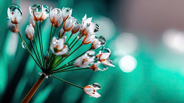 Close-up of a cluster of small white allium flower buds, each adorned with clear water droplets. The background is a soft, blurred green garden with bokeh light - Powered by Adobe