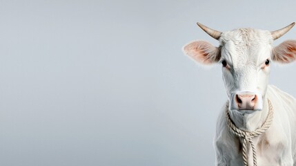 A close-up portrait of a white cow with small horns, wearing a thick rope collar around its neck. The cow is looking directly at the camera with a neutral expre
