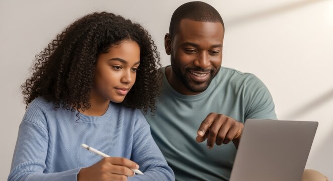Father and daughter learning together on a laptop.