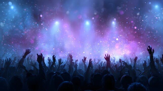 Crowd of people celebrating with hands raised under dramatic stage lighting effects