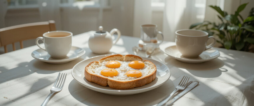 Breakfast feast eggs and toast on a sunlit table cozy home setting culinary delight morning vibes