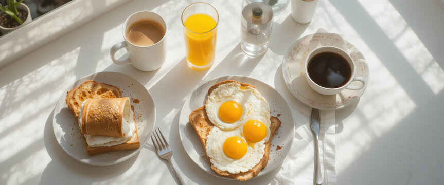 Delicious breakfast spread with eggs and toast sunlit kitchen table food photography cozy atmosphere - Powered by Adobe