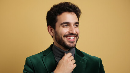 Smiling man in green velvet jacket adjusts his gray turtleneck.