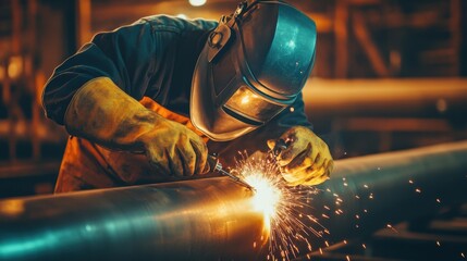 Welding worker with safety gloves and mask working on pipeline. Dim industrial light. Metal factory background.