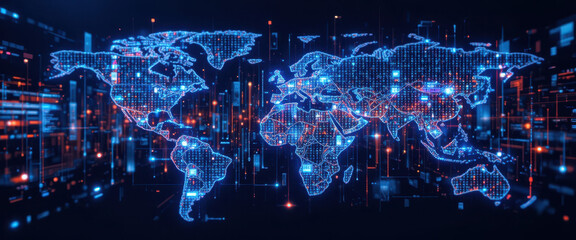 Global digital connectivity visualization virtual environment data representation high-tech aesthetic