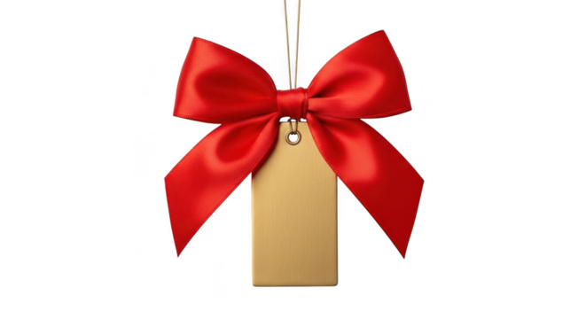 Red bow with gold tag isolated on transparent background