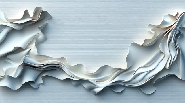 Abstract flowing white fabric with soft folds and curves, set against a subtly textured, light blue-grey background. The lighting is soft and diffused, creating