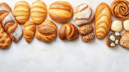 Colorful assortment of bakery items with copy space. Bright daylight. Cafe kitchen background.