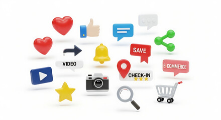 3D Social Media Engagement Icons Pack on White Background