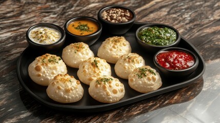 Elegant pani puri platter on marble table with bowls of chutneys and spices, overhead view, soft studio light, minimal modern restaurant background.