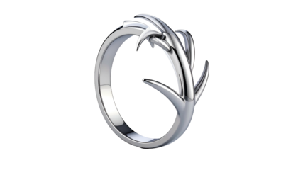 A silver ring with a stylized branch design, rendered in a 3D view against black